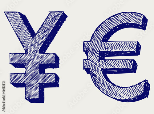 Yen and euro. Doodle style