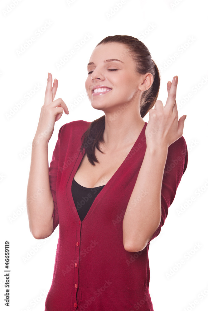 woman shows crossed fingers woman shows crossed fingers