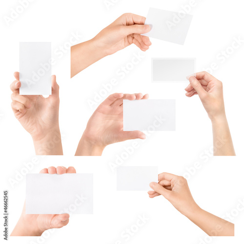 Business card in hand isolated set