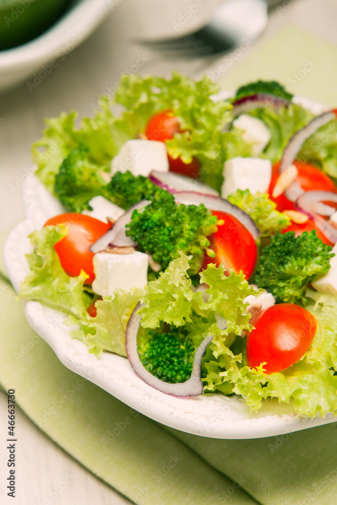salad with tomatoes, broccoli, red onion and feta cheese salad with tomatoes, broccoli, red onion and feta cheese
