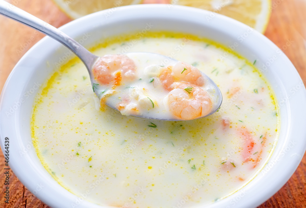 Fresh soup with shrimps and white sauce Fresh soup with shrimps and white sauce