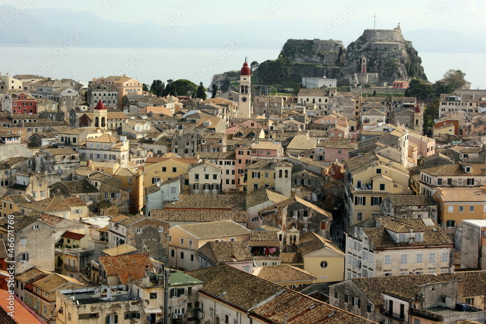 town buildings churches streets and castle on the island of Corfu in Greece	