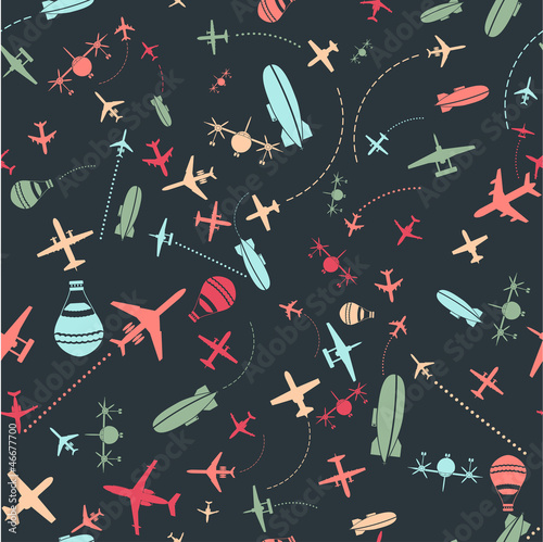 Vector seamless pattern. Airplanes and sky set