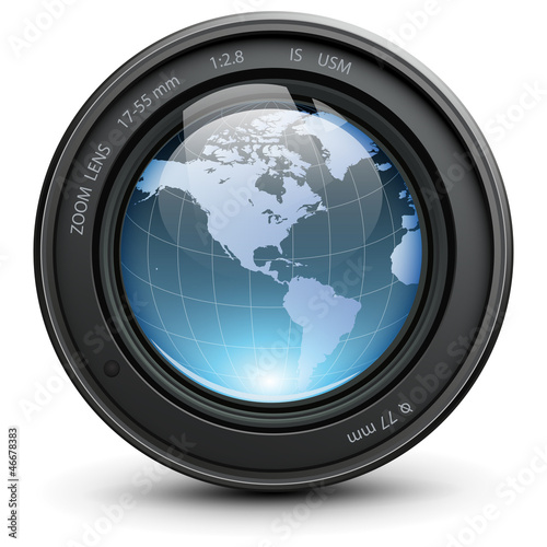 Camera photo lens with earth globe inside, vector.