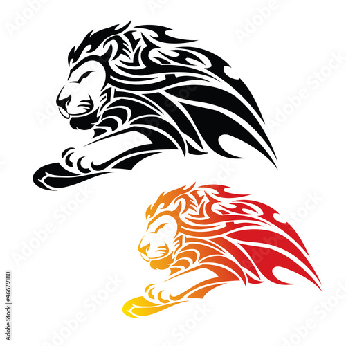 Tribal lion in jump tattoo