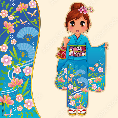 girl in kimono and a patterned banner
