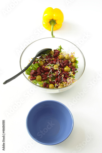 Beans Salad, Yellow Pepper and Blue Bowl