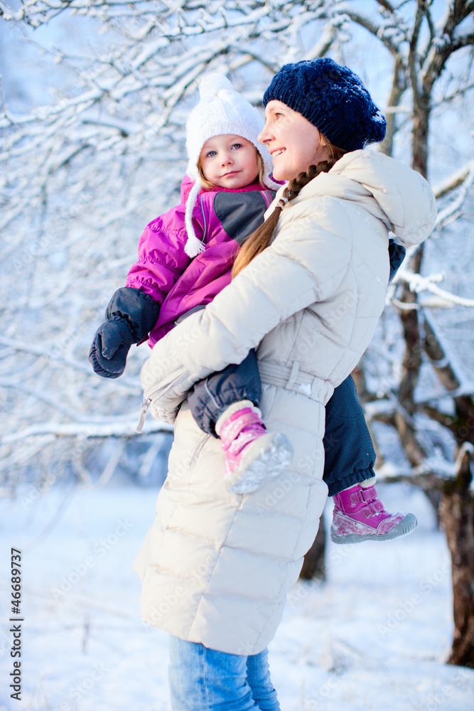 Mother and daughter outdoors on winter day