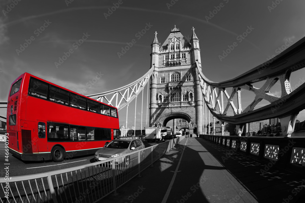 Tower Bridge with double decker in London, UK - obrazy, fototapety, plakaty 