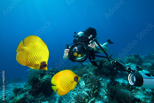 Underwater Photographer scuba diving with camera  in Red sea