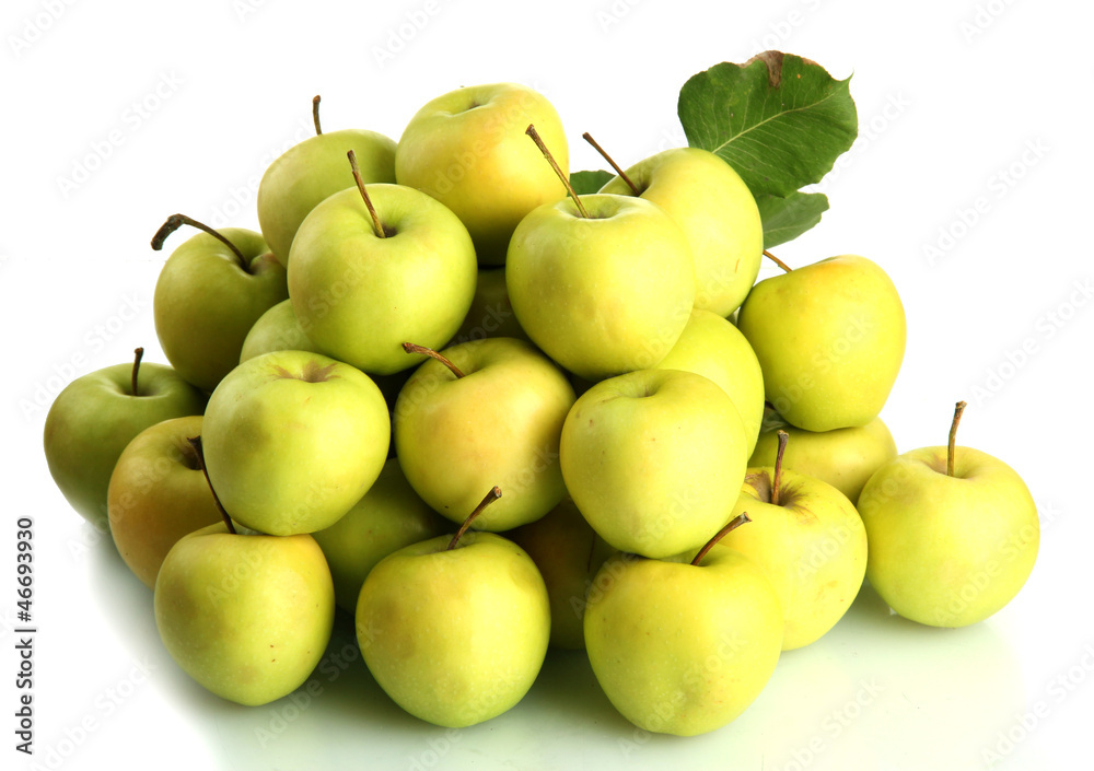 juicy apples with green leaves, isolated on white juicy apples with green leaves, isolated on white