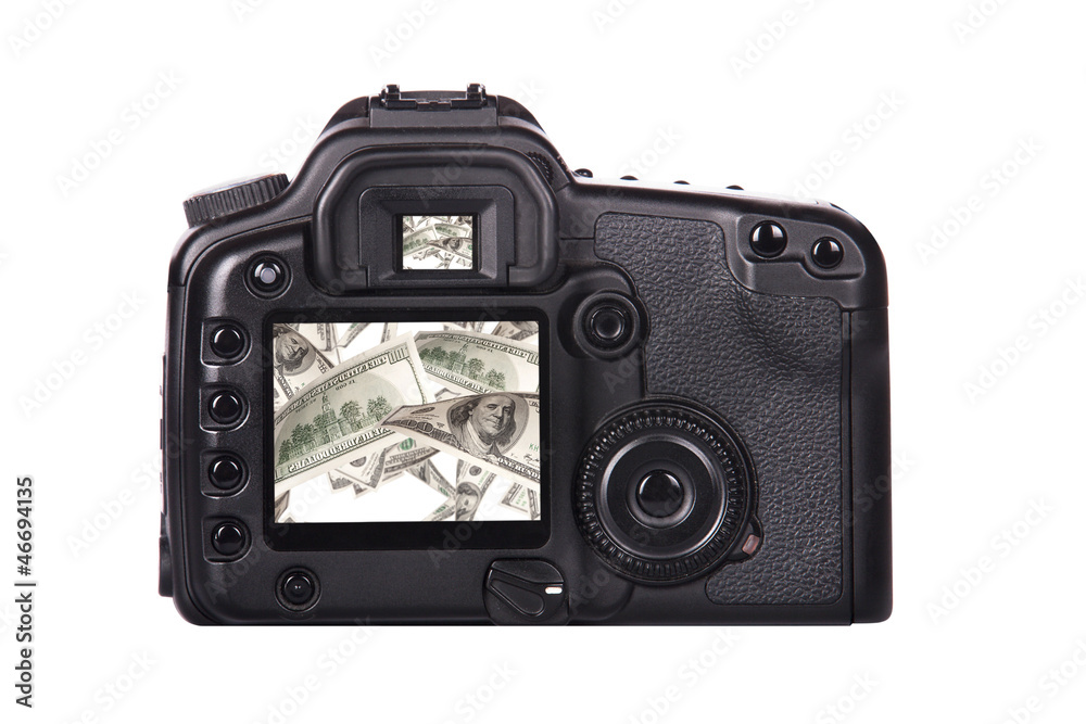 Photo camera with money on a  screen