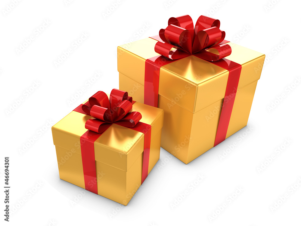 Fototapeta premium Two Gold Gift boxes with red bows and ribbons