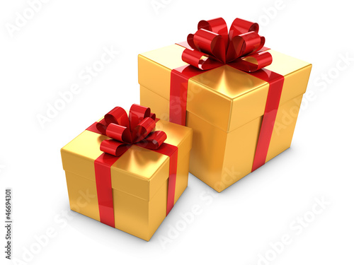 Two Gold Gift boxes with red bows and ribbons