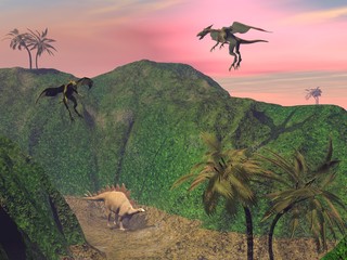 Fotobehang Draken Stegosaurus aangevallen door roofdier  © Elenarts