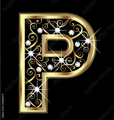 P gold letter with swirly ornaments vector