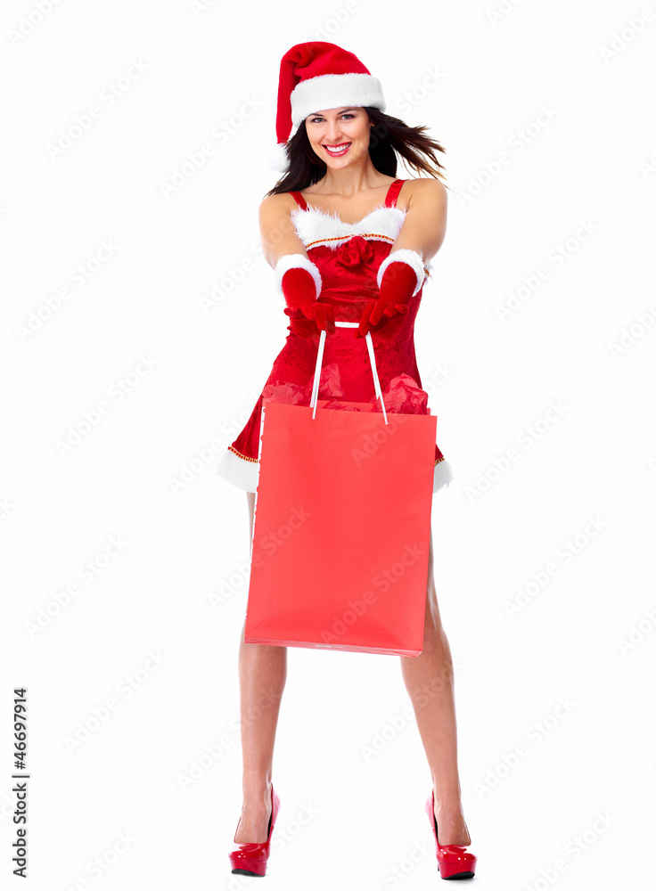 Santa helper Christmas girl with shopping bags. Santa helper Christmas girl with shopping bags.