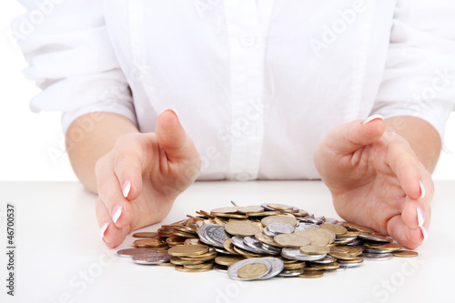 Woman hands with coins, close up