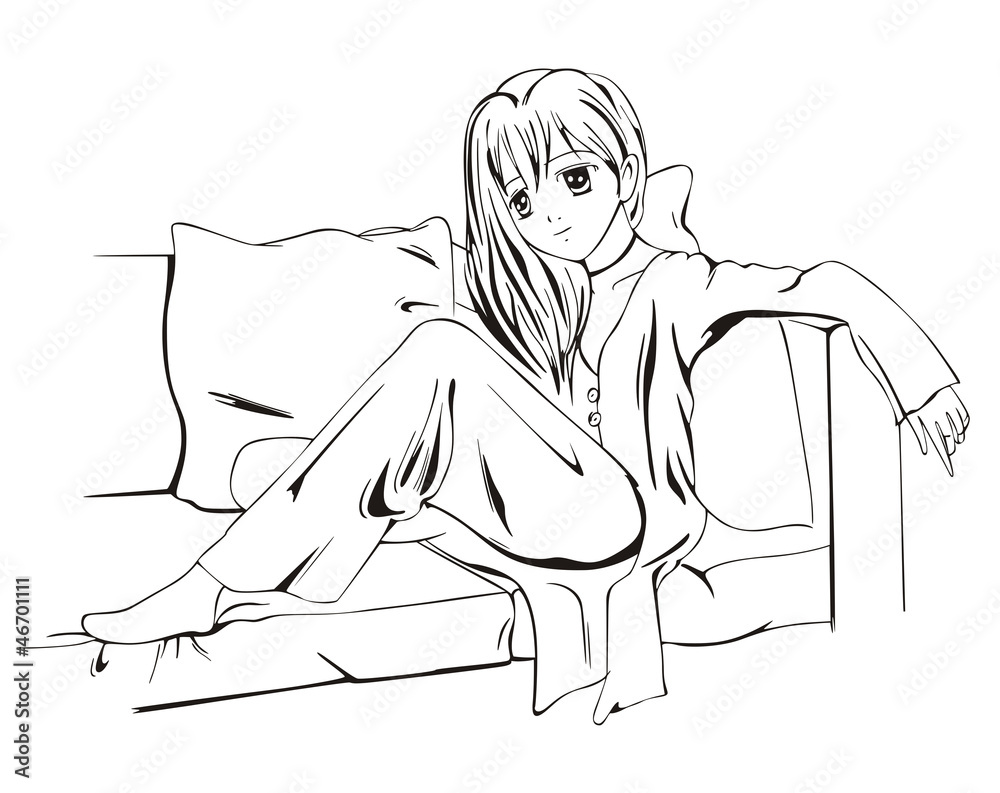 Anime girl sitting on sofa Stock Vector | Adobe Stock