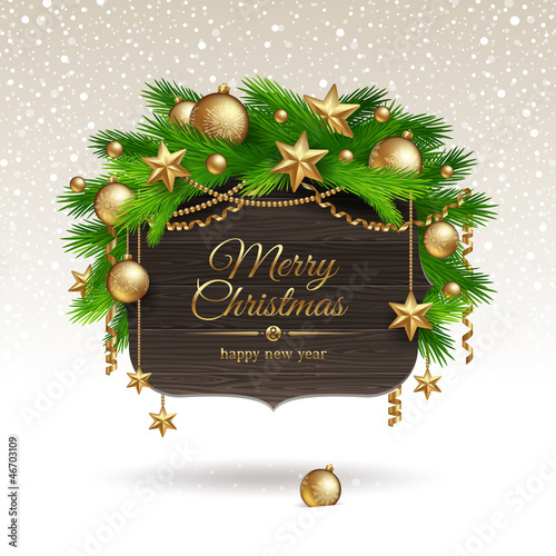 Wooden banner with Christmas golden decoration