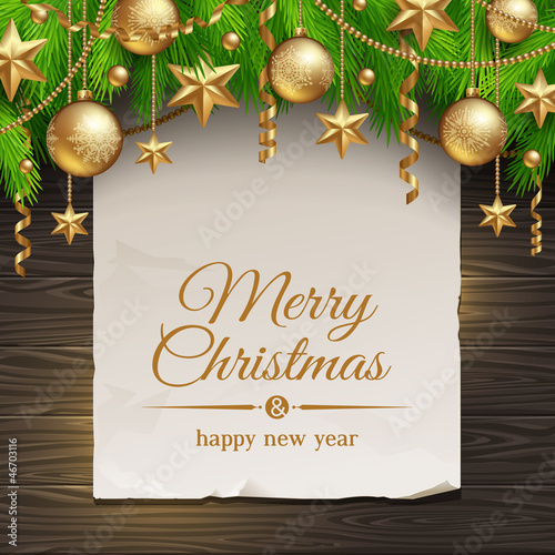 Banner with greeting & Christmas tree branches with decor