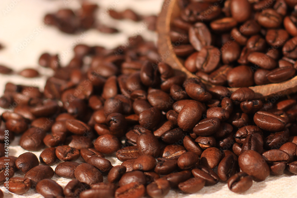 Fototapeta premium Coffee beans in coconut shell on jute background.