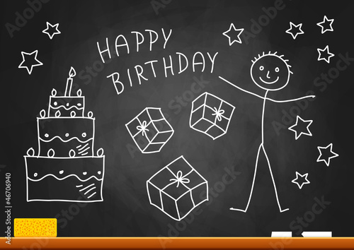 Drawing of boy and cake on blackboard