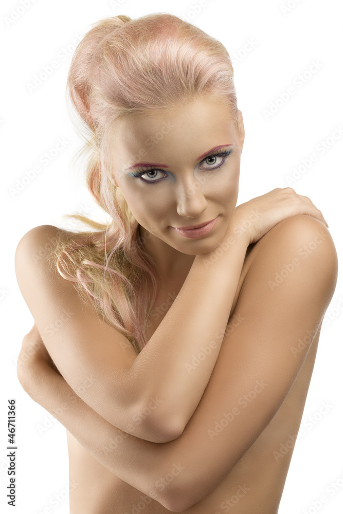 blonde girl with coloured make-up and hand on the shoulder