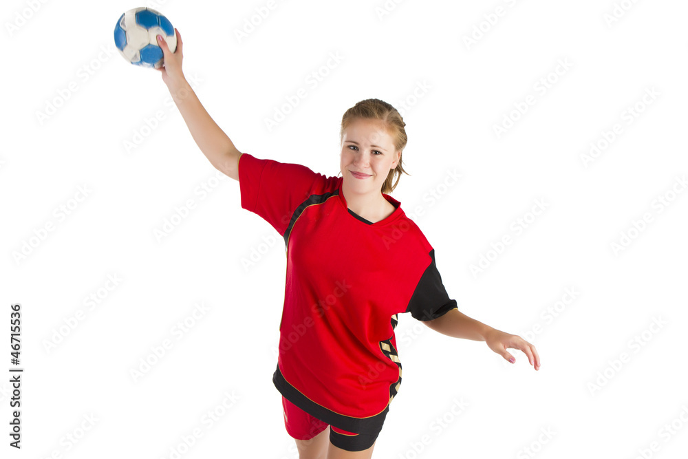 portrait einer jungen schönen blonden handballerin freigestellt