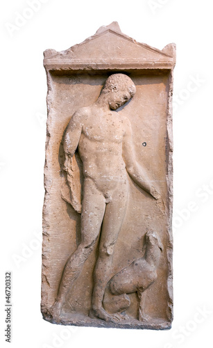 Greek grave stele from Thespiae. Athlete and his dog (400 BC)