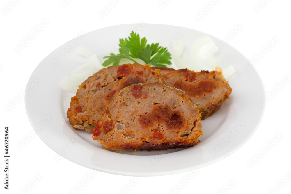 roll of meat with parsley on the white plate roll of meat with parsley on the white plate