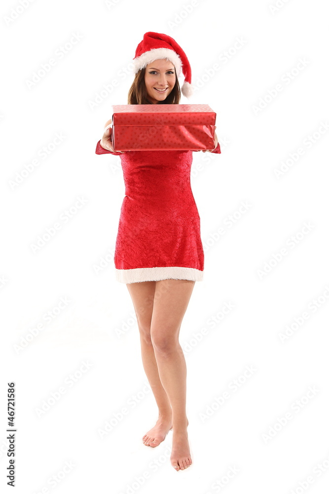 Woman in santa claus costume presenting gifts Woman in santa claus costume presenting gifts