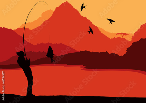 Fisherman landscape vector background