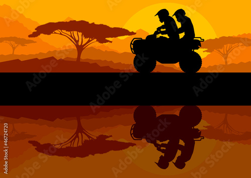 All terrain vehicle quad motorbike riders in wild nature landsca