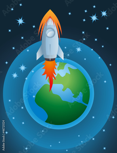Rocket going out of atmosphere and earth globe vector