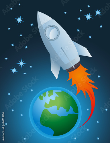 Rocket going out of atmosphere and earth globe vector