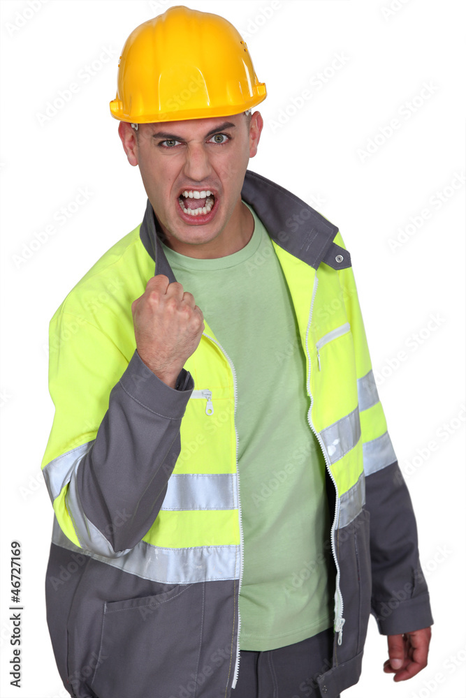 Aggressive construction worker rejoicing Aggressive construction worker rejoicing