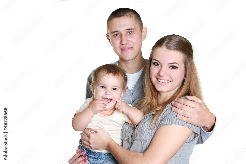 young happy family with child, studio portrait, isolated over wh young happy family with child, studio portrait, isolated over wh