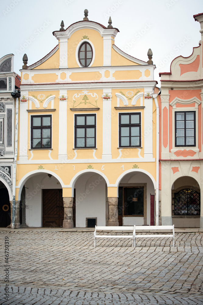 Facade of historical houses in Telc, Czech Republic