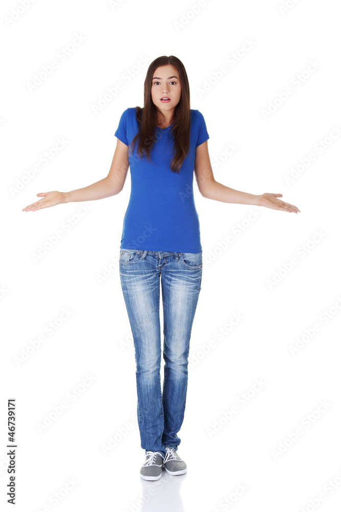 Teen woman do not know what to do. Teen woman do not know what to do.