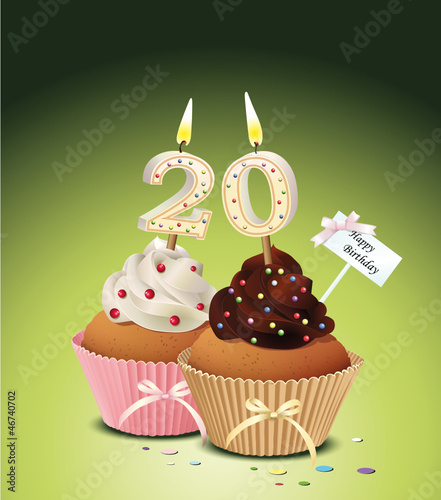 Cupcake mit Geburtstagskerze die Zahl 20