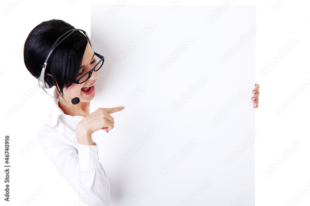 Call center worker holding blank sign board Call center worker holding blank sign board