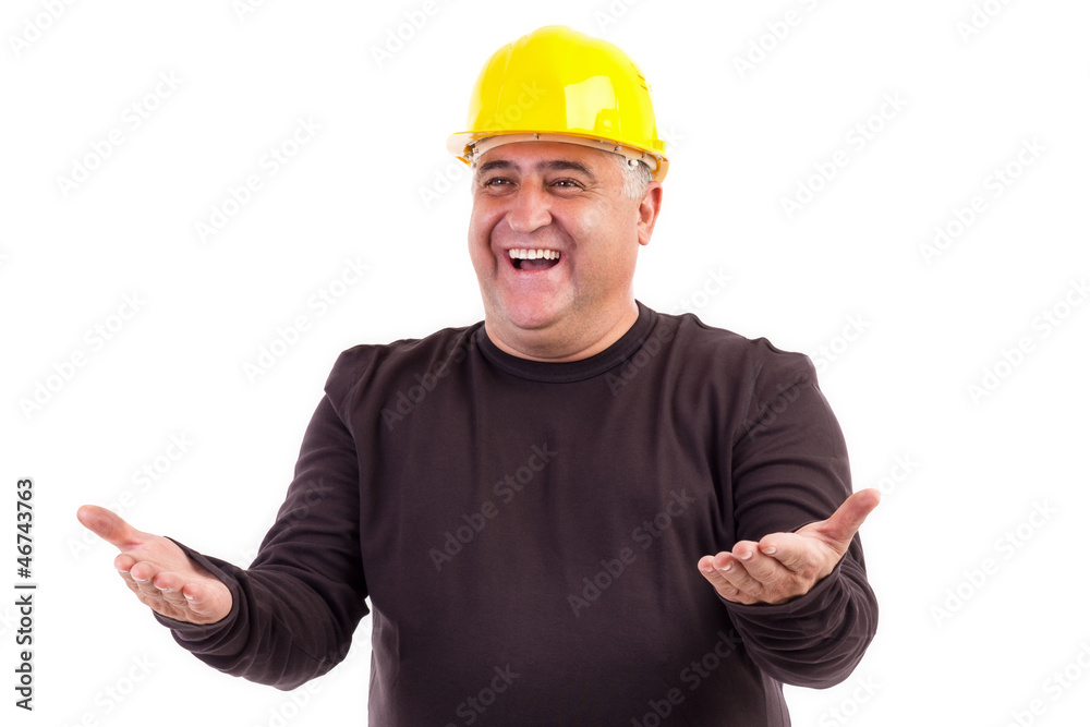 Happy construction worker with his arms outstretched Happy construction worker with his arms outstretched