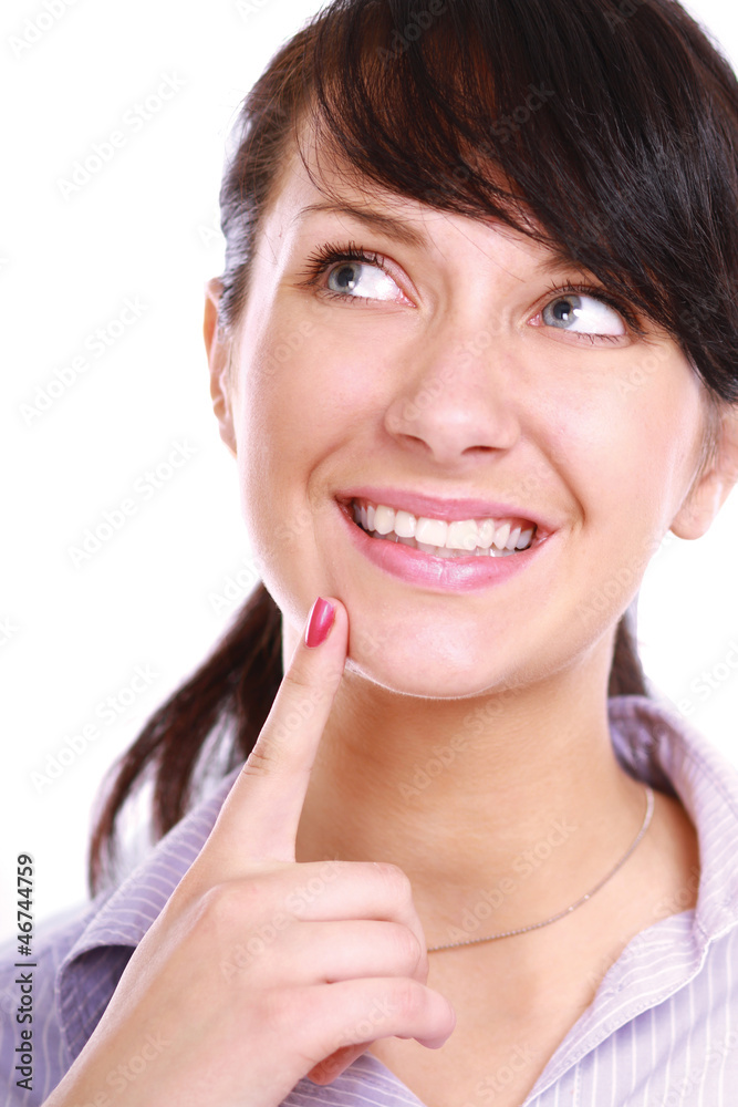 Happy woman looking at copyspace isolated Happy woman looking at copyspace isolated