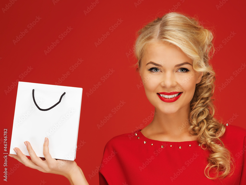 lovely woman in red dress with shopping bag lovely woman in red dress with shopping bag