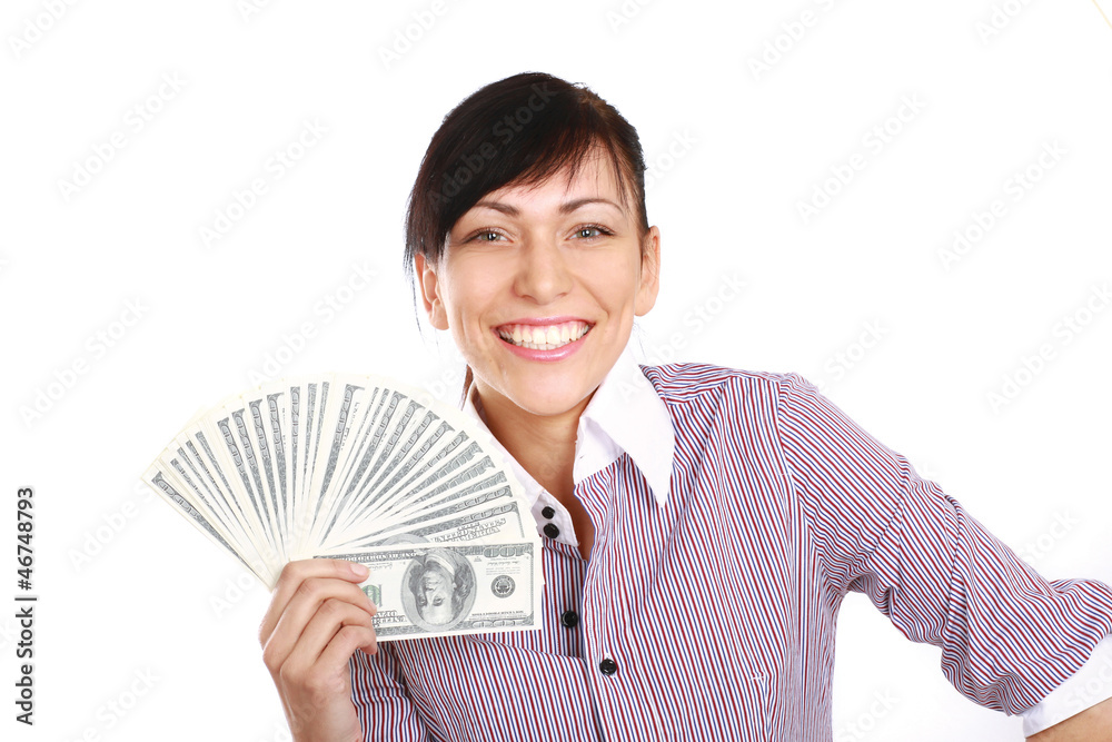 Cheerful young lady showing cash and smiling Cheerful young lady showing cash and smiling