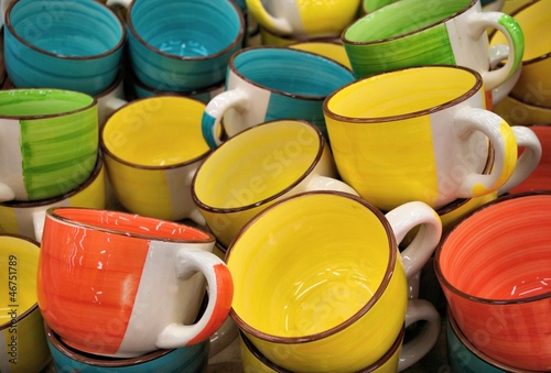 Many large tea cups in different colors