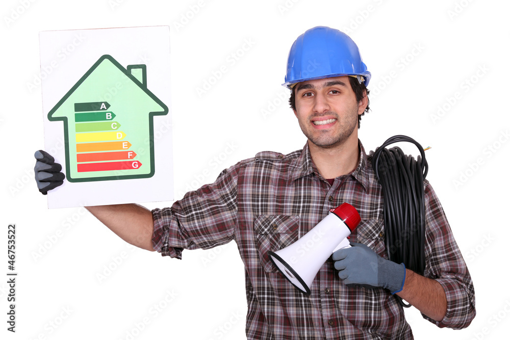 Electrician stood with energy efficiency poster and megaphone