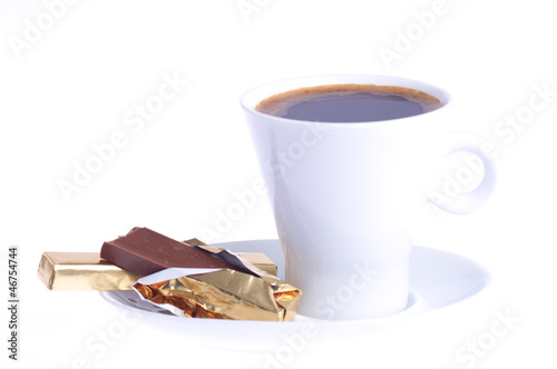 coffee with chocolate on a saucer on a white background