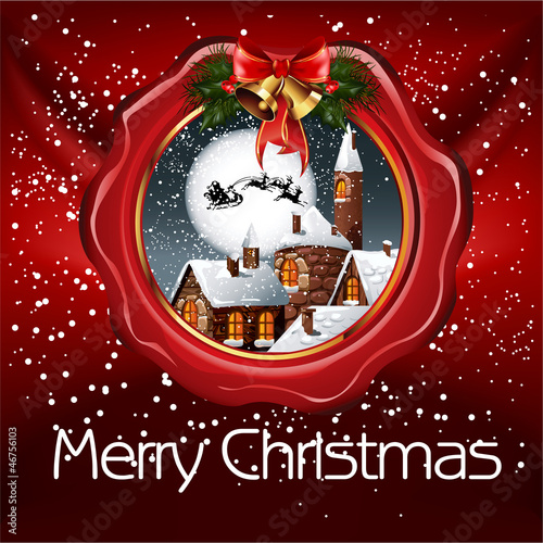Christmas illustration of  wax seal with small snowy village